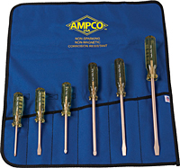 A screwdriver kit consisting of six screwdrivers with clear, fluted handles, displayed on a blue fabric tool roll with slots for each one. The tool roll has the "AMPCO USA" logo in the upper center, with notes under the logo indicating non-sparking, non-m